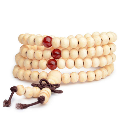 Mala bracelet bois de santal bouddha 108 perles bois prière perles beige